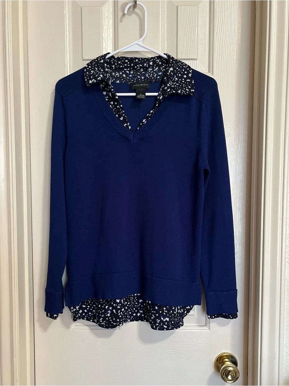 Investments Women’s Layered Look V-Neck Sweater Blue Long Sleeve Size S